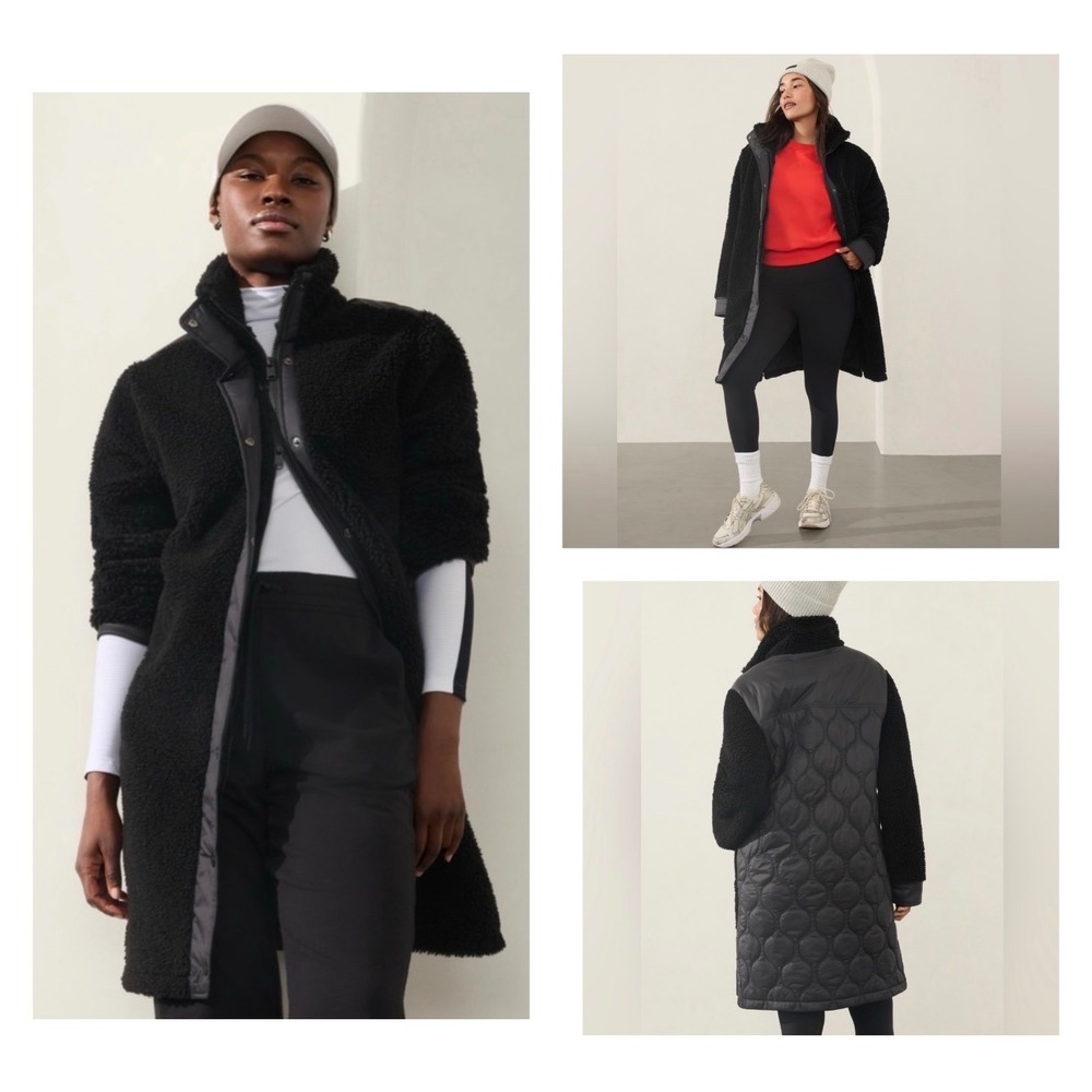 Athleta Fleece Hybrid Coat Black Sherpa Nylon Quilted Longline Funnel Neck Large - Picture 1 of 15
